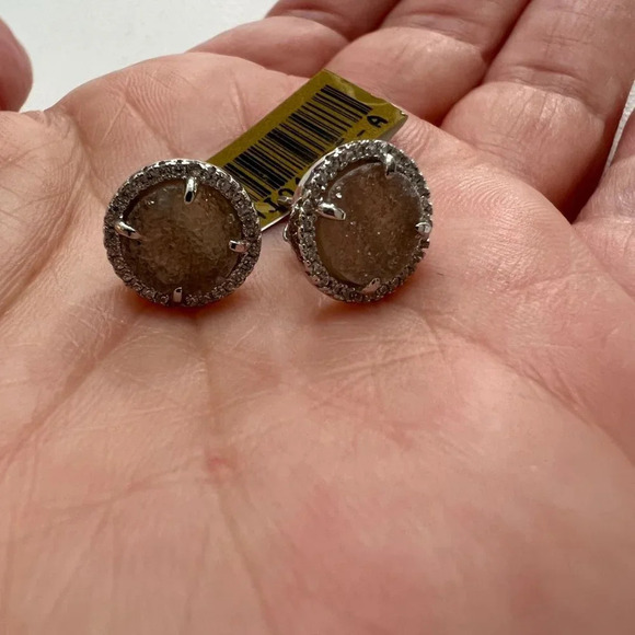 Round Druzy Pave CZ Sterling Silver Stud Earrings - Picture 2 of 7